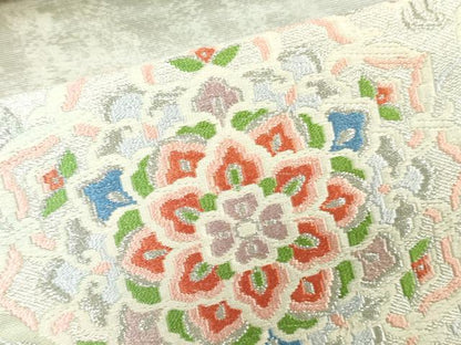 平和屋着物▼西陣　名古屋帯　帯反物　唐織　草花文　銀糸　証紙付き　逸品　未使用　DABJ4922zy