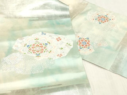 平和屋着物▼西陣　名古屋帯　帯反物　唐織　草花文　銀糸　証紙付き　逸品　未使用　DABJ4922zy