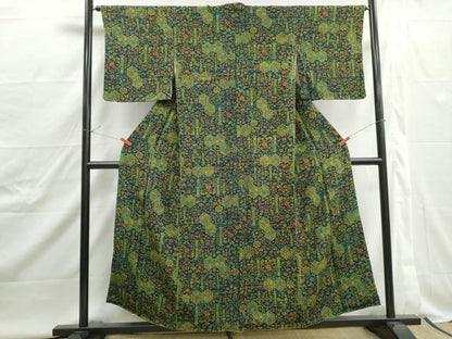 平和屋着物■上質な小紋　亀甲更紗花文　鬼しぼ縮緬　正絹　逸品　DABJ5006qa