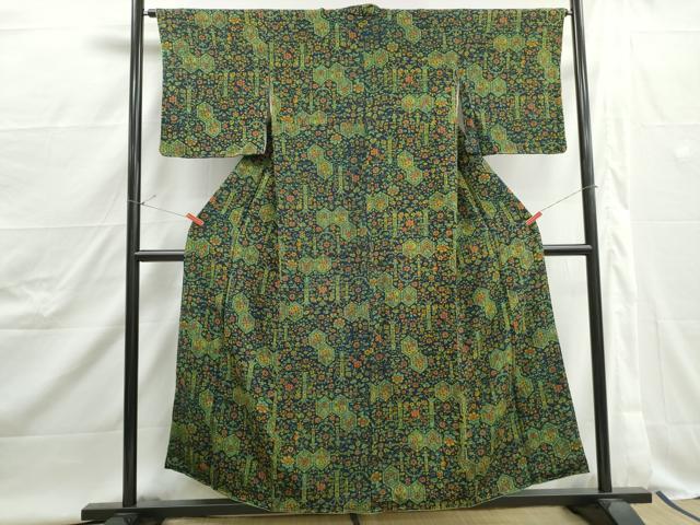 平和屋着物■上質な小紋　亀甲更紗花文　鬼しぼ縮緬　正絹　逸品　DABJ5006qa