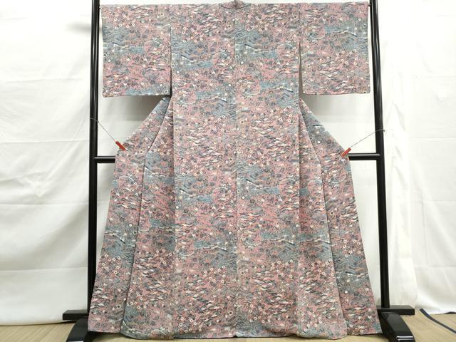 平和屋着物■上質な小紋　風景花文　松竹梅　鬼しぼ縮緬　正絹　逸品　DABJ5024qa