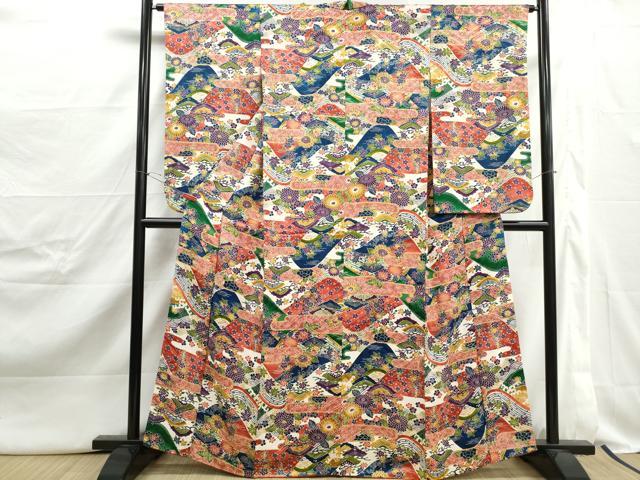 平和屋着物■小振袖　二尺袖　型染め　エ霞花文　正絹　逸品　DABJ5032qa
