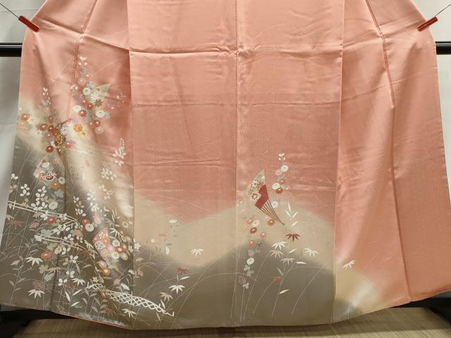 平和屋着物■訪問着　駒刺繍　扇面花文　暈し染め　金彩　反端付き　正絹　逸品　DABJ5038qa