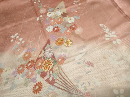 平和屋着物■訪問着　駒刺繍　扇面花文　暈し染め　金彩　反端付き　正絹　逸品　DABJ5038qa