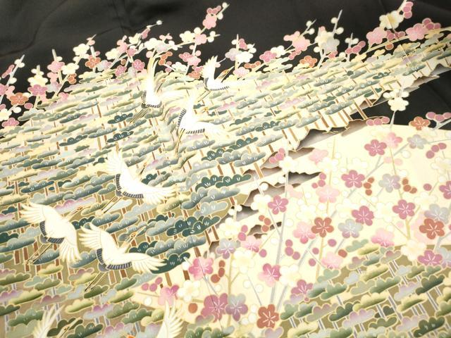 平和屋着物■豪華黒留袖　作家物　樹林群鶴文　金彩　正絹　逸品　DABJ5048qa