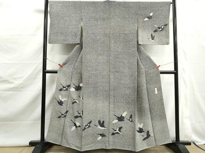 平和屋着物■訪問着　作家物　群鶴文　暈し染め　たたき染め　黒地　正絹　逸品　DABJ5074qa
