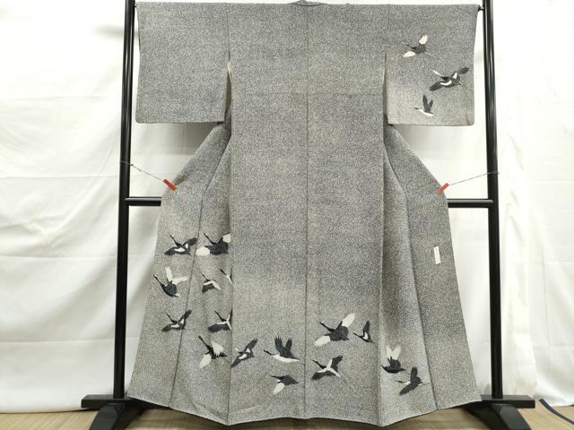 平和屋着物■訪問着　作家物　群鶴文　暈し染め　たたき染め　黒地　正絹　逸品　DABJ5074qa