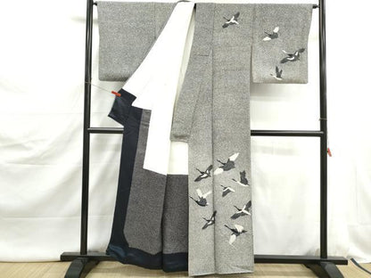 平和屋着物■訪問着　作家物　群鶴文　暈し染め　たたき染め　黒地　正絹　逸品　DABJ5074qa