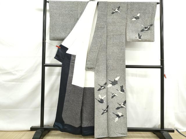 平和屋着物■訪問着　作家物　群鶴文　暈し染め　たたき染め　黒地　正絹　逸品　DABJ5074qa
