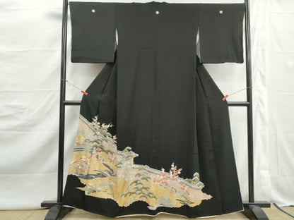 平和屋着物■豪華黒留袖　駒刺繍　風景花鳥文　松竹梅　金彩　正絹　逸品　DABJ5092qa
