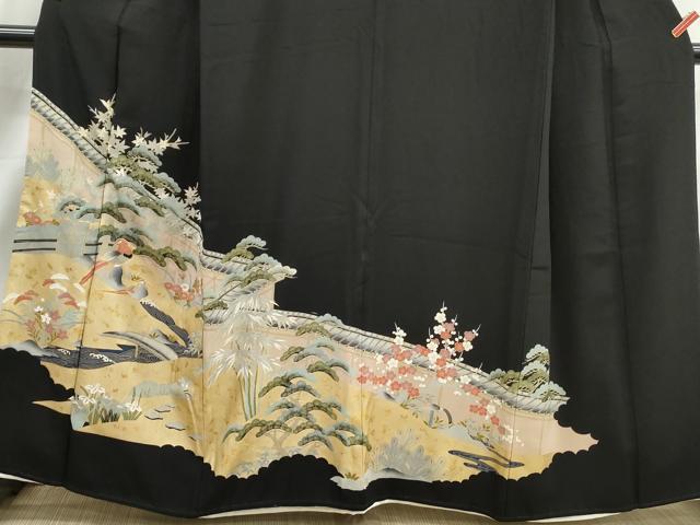 平和屋着物■豪華黒留袖　駒刺繍　風景花鳥文　松竹梅　金彩　正絹　逸品　DABJ5092qa