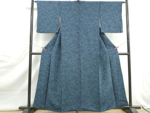 平和屋着物■本藍　型染め　小紋　立波舞花文　鬼しぼ縮緬　正絹　逸品　DABJ5099qa