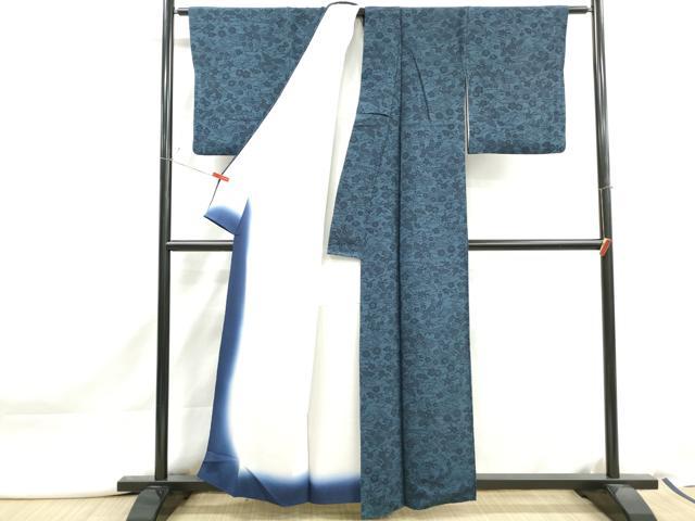 平和屋着物■本藍　型染め　小紋　立波舞花文　鬼しぼ縮緬　正絹　逸品　DABJ5099qa