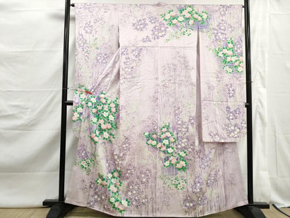平和屋着物■豪華振袖　笹竹花鳥文　椿　暈し染め　銀彩　正絹　逸品　DABJ5113qa