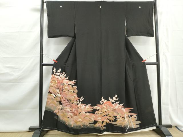 平和屋着物■豪華黒留袖　渡橋御所車花松文　暈し染め　正絹　逸品　DABJ5135qa