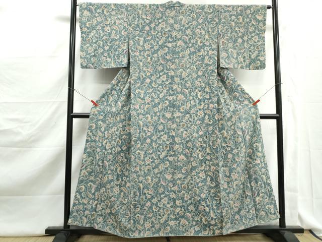 平和屋着物■上質な小紋　紬地　更紗花文　正絹　逸品　DABJ5166qa