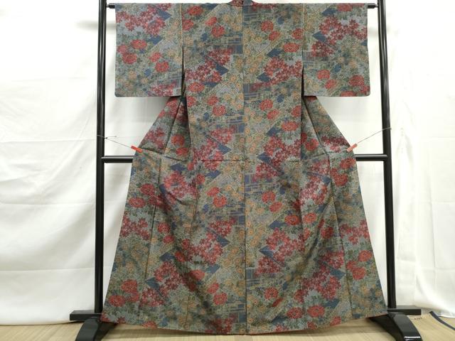 平和屋着物■本場染大島紬　7マルキ　風景花文　楓　牡丹　正絹　逸品　DABJ5177qa