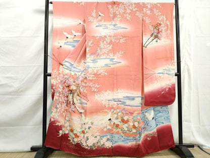 平和屋着物■豪華振袖　飛鶴御所車花文　暈し染め　金彩　正絹　逸品　DABJ5188qa
