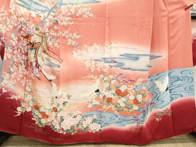 平和屋着物■豪華振袖　飛鶴御所車花文　暈し染め　金彩　正絹　逸品　DABJ5188qa
