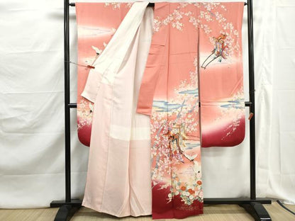 平和屋着物■豪華振袖　飛鶴御所車花文　暈し染め　金彩　正絹　逸品　DABJ5188qa
