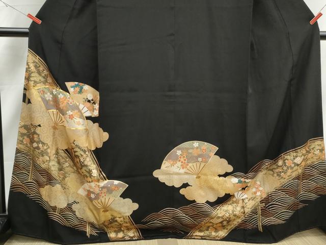 平和屋着物■豪華黒留袖　駒刺繍　宝尽くし扇面花文　金彩　正絹　逸品　DABJ5218qa