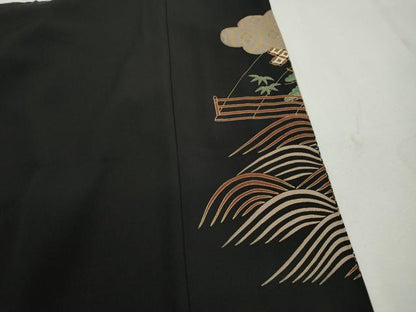 平和屋着物■豪華黒留袖　駒刺繍　宝尽くし扇面花文　金彩　正絹　逸品　DABJ5218qa