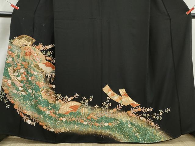 平和屋着物■豪華黒留袖　地紙枝花文　暈し染め　金彩　正絹　逸品　DABJ5278qa