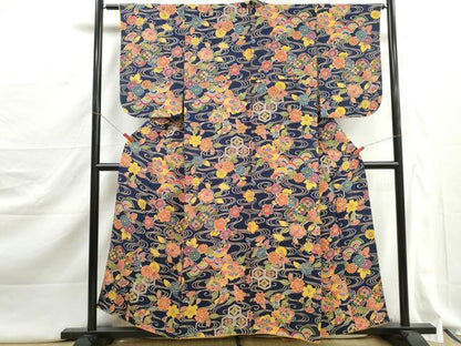 平和屋着物■上質な小紋　型染め　流水花文　鬼しぼ縮緬　正絹　逸品　DABJ5285qa