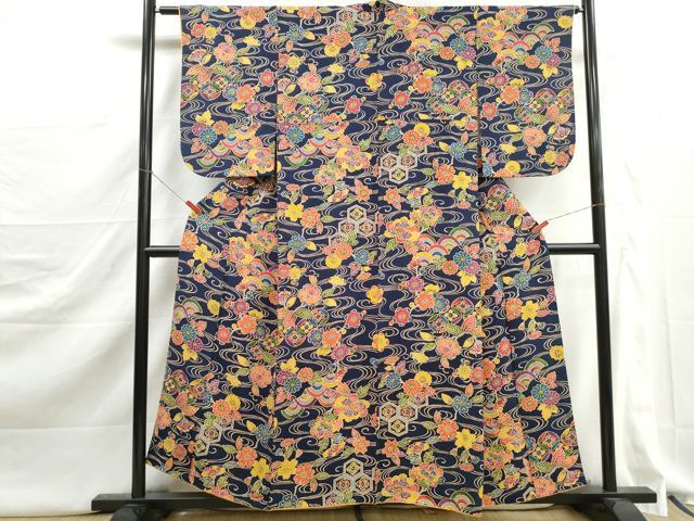 平和屋着物■上質な小紋　型染め　流水花文　鬼しぼ縮緬　正絹　逸品　DABJ5285qa