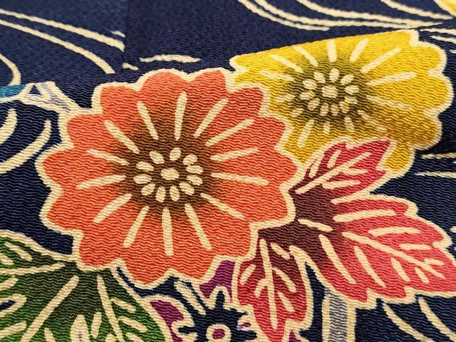 平和屋着物■上質な小紋　型染め　流水花文　鬼しぼ縮緬　正絹　逸品　DABJ5285qa