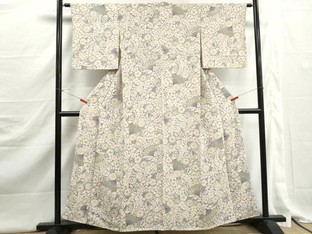 平和屋着物■上質な小紋　扇面辻が花文　鬼しぼ縮緬　正絹　逸品　DABJ5301qa
