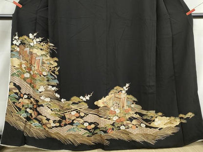 平和屋着物■豪華黒留袖　御所車立波花松文　金彩　正絹　逸品　DABJ5307qa