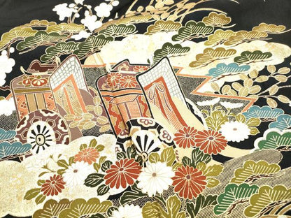 平和屋着物■豪華黒留袖　御所車立波花松文　金彩　正絹　逸品　DABJ5307qa