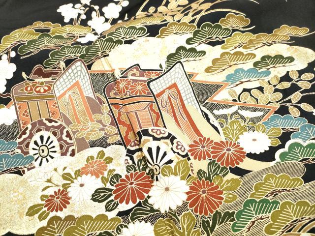 平和屋着物■豪華黒留袖　御所車立波花松文　金彩　正絹　逸品　DABJ5307qa