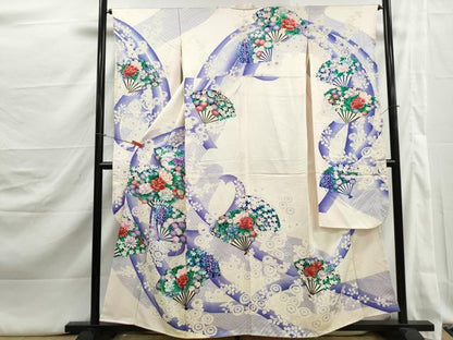 平和屋着物■豪華振袖　駒刺繍　扇面牡丹花文　金彩　正絹　逸品　DABJ5349qa