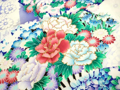 平和屋着物■豪華振袖　駒刺繍　扇面牡丹花文　金彩　正絹　逸品　DABJ5349qa