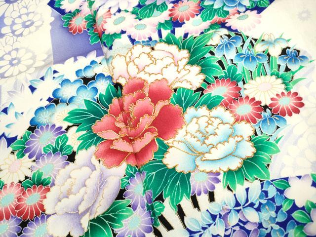 平和屋着物■豪華振袖　駒刺繍　扇面牡丹花文　金彩　正絹　逸品　DABJ5349qa