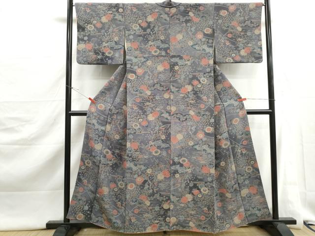 平和屋着物■上質な小紋　草花文　牡丹　暈し染め　鬼しぼ縮緬　正絹　逸品　DABJ5373qa