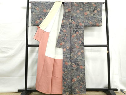 平和屋着物■上質な小紋　草花文　牡丹　暈し染め　鬼しぼ縮緬　正絹　逸品　DABJ5373qa