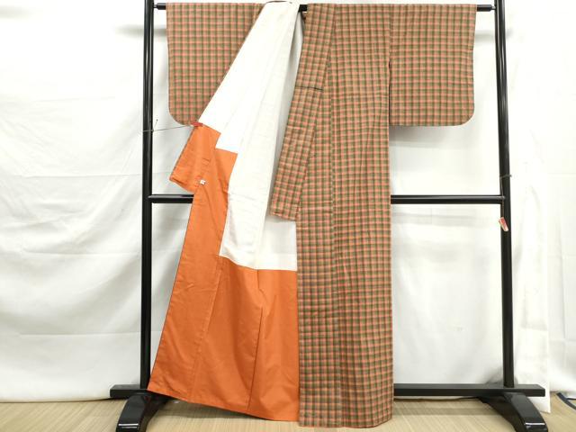 平和屋着物■上質な紬　格子文　正絹　逸品　DABJ5400qa