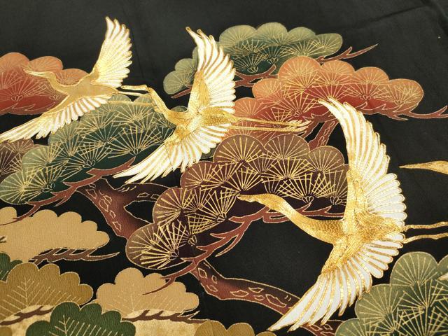 平和屋着物■豪華黒留袖　駒刺繍　群鶴浜松文　金彩　正絹　逸品　DABJ5402qa