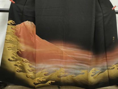 平和屋着物■染色作家　青木龍雲　黒留袖　立波風景文　暈し染め　金彩　正絹　逸品　DABJ5429qa