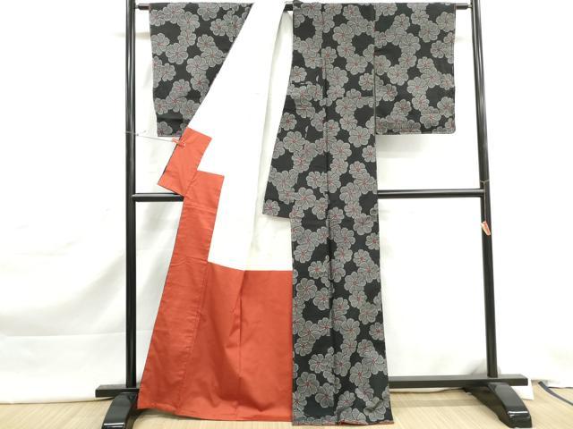 平和屋着物■上質な紬　舞花文　黒地　正絹　逸品　DABJ5502qa