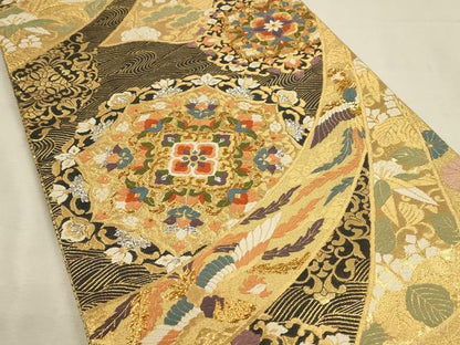 平和屋着物◎西陣　六通柄袋帯　唐織　正倉院鳳凰花文　金銀糸　証紙付き　正絹　逸品　DABJ5538qp