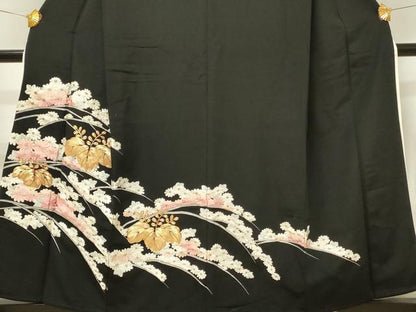 平和屋着物■豪華黒留袖　駒刺繍　桐　菊芝文　銀彩　正絹　逸品　DABJ5543qp