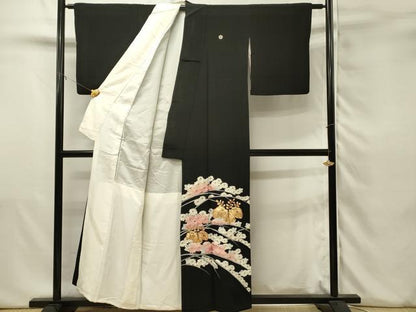 平和屋着物■豪華黒留袖　駒刺繍　桐　菊芝文　銀彩　正絹　逸品　DABJ5543qp