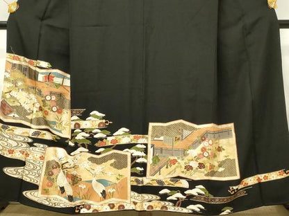 平和屋着物■豪華黒留袖　屏風人物花鳥文　金彩　正絹　逸品　DABJ5554qp