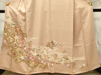 平和屋着物■豪華色留袖　駒刺繍　舞扇花文　金彩　正絹　逸品　DABJ5562qp