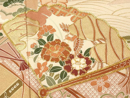 平和屋着物■豪華色留袖　駒刺繍　舞扇花文　金彩　正絹　逸品　DABJ5562qp
