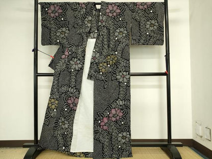平和屋着物∴夏物　浴衣　有松鳴海絞り　草花文　黒地　綿　逸品　DABJ5586qp